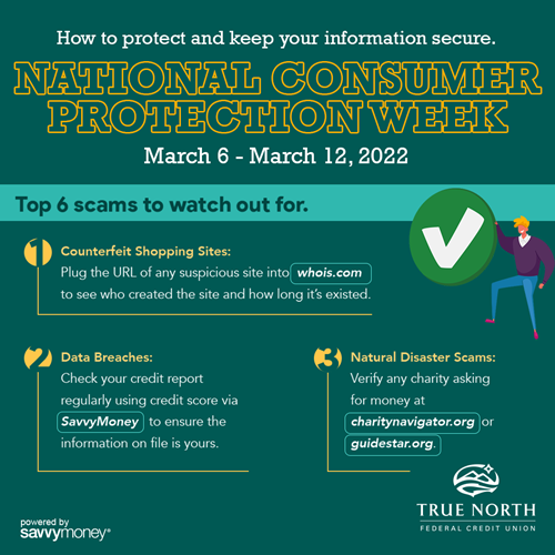 Here are scams to watch out for and what you should do to protect yourself. Counterfeit Shopping Sites: Plug the URL of any suspicious site into whois.com to see who created the site and how long it’s existed. Natural Disaster Scams: Verify any charity asking you for money is real at charitynavigator.org or guidestar.org. Data Breaches: Check your credit report regularly using credit score via SavvyMoney to ensure that the information on file is yours.